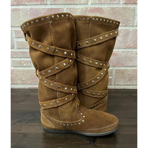 Minnetonka Tall Studded Strap Boots 1642 Brown Leather Women's Size 7 - Picture 5 of 9
